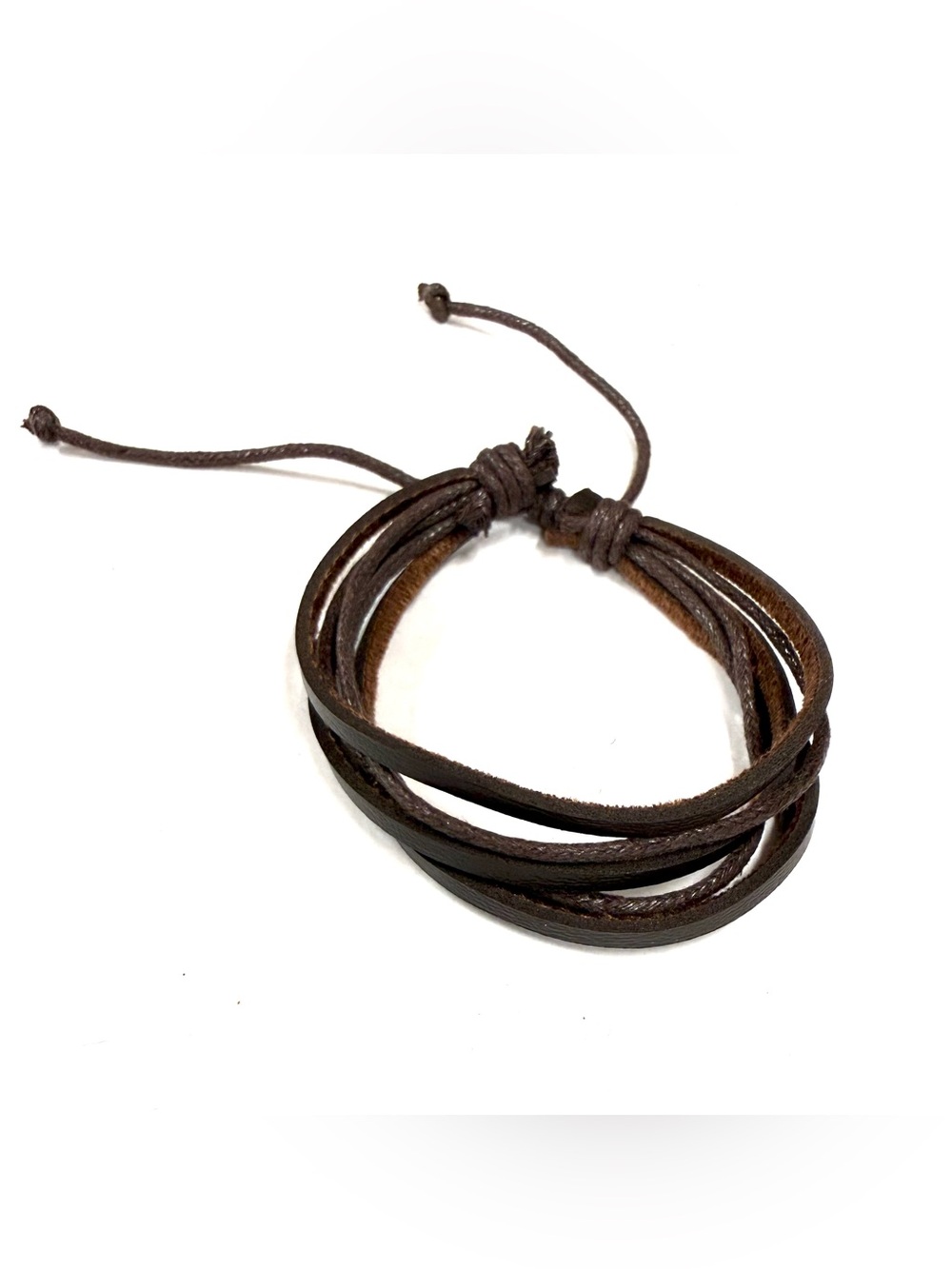 Brown leather unisex bracelet with braided rope accents and ties nsb